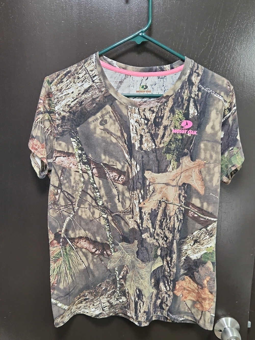 Mossy Oak Woodland Camo Short Sleeve Tee with Pink Logo Trim